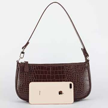 Small Handbag for Women Crocodile Effect Bag Retro Faux Leather Classic Clutch Shoulder Purse (Brown)