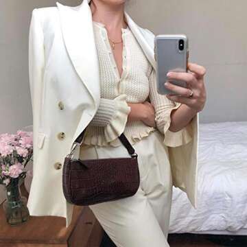 Small Handbag for Women Crocodile Effect Bag Retro Faux Leather Classic Clutch Shoulder Purse (Brown)