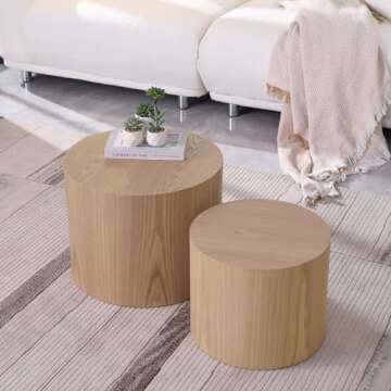 KEVINSPACE Nesting Coffee Table Set of 2, Round Nesting Tables Wooden End Tables for Small Space, Modern Side Tables Set for Living Room, Office, No Need Assembly, Wood Color
