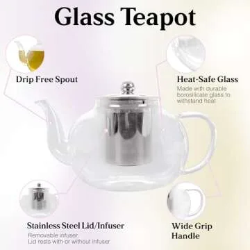 40 Oz Unique Glass teapot Set with 4 double wall insulated Cups, Tea Kettles for Stovetop With Infusers For Loose Tea, Perfect Mom Gift