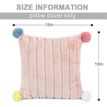 HOMRITAR Fur Throw Pillow Cover with Pom-poms, Super Soft Plush Faux Rabbit Fur Decorative Cushion Case Great for Couch Bedroom Car (18 x 18 Inch, Pink)