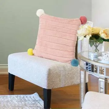 HOMRITAR Fur Throw Pillow Cover with Pom-poms, Super Soft Plush Faux Rabbit Fur Decorative Cushion Case Great for Couch Bedroom Car (18 x 18 Inch, Pink)
