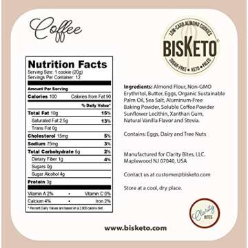 Low Carb Cookies BisKeto - Keto Snacks, Low Net Carbs, No Sugar, Gluten & Grain Free, Ketogenic Diet Friendly & Healthy Snack Food - Box with 6 Packs,12 Cookies (Coffee)