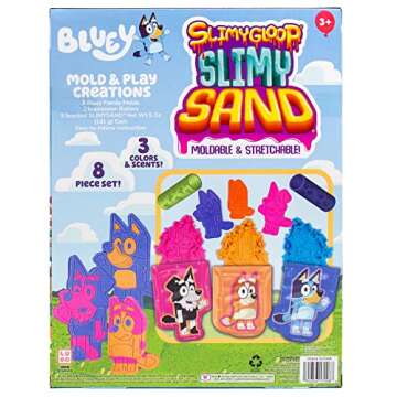 Horizon Group USA Bluey SLIMYGLOOP Slimy Sand Mold & Play Creations, 8-Piece Playset, 3 Scented Colors, Sensory Activity for Kids Ages 3, 4, 5, 6, 7, 8, Multi, Medium