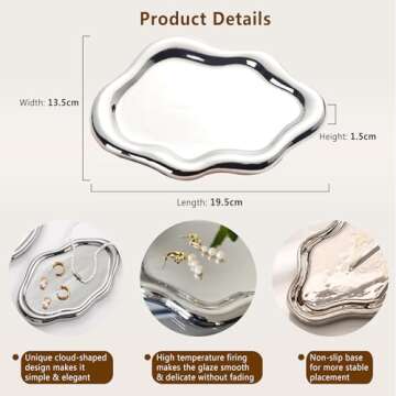 Ceramic Jewelry Dish for Women, Jewelry Tray Trinket Dish, Cloud Jewelry Holder Plate, Watch Keys Tray Ring Dish Holder for Mother's Day/Christmas/Thanksgiving/Birthday Gift(Silver)