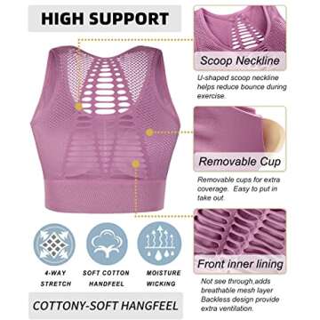 Hopgo High Impact Sports Bras for Women Mesh Openwork Bra Athletic Workout Tops Longline Yoga Bra Pink