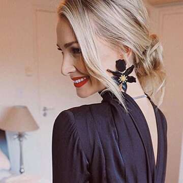 Boho Flower Drop Dangle Earrings for Women - Black Statement Earring Jewelry Sister Mom Lover and Fr...