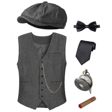 TOGROP 1920s Men's Costume Vest Hat Pocket Watch Set for Parties