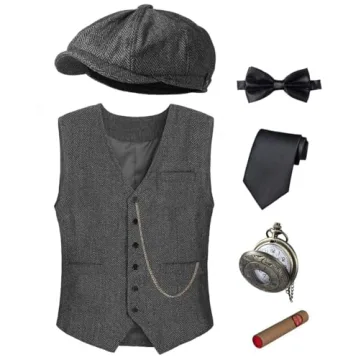 TOGROP 1920s Men's Costume Vest Hat Pocket Watch Set for Parties