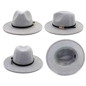 Lisianthus Women Wool Wide Brim Belt Buckle Fedora Hat Circular Belt Light Grey