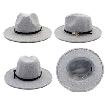 Lisianthus Women Wool Wide Brim Belt Buckle Fedora Hat Circular Belt Light Grey