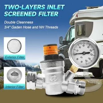 PANGOLIN Water Pressure Regulator Valve with 160 PSI Gauge and Inlet Stainless Screened Filter RV Regulator Valve, 3/4" NH Lead-Free Brass Adjustable Pressure Regulator for RV Camper