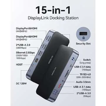 DisplayLink Laptop Docking Station Dual Monitor, USB C Dock with 120w Power, USB C Docking Station w...