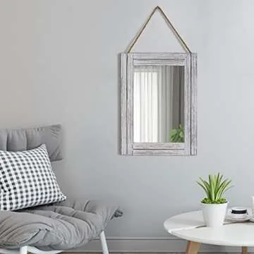 EMAISON 12 x 16 in Wall Decorative Mirror, Rustic Wood Frame Rectangular Mirror with Hanging Rope for Entryway, Bedroom, Guest Bathroom, Living Room, Bedroom - Grey
