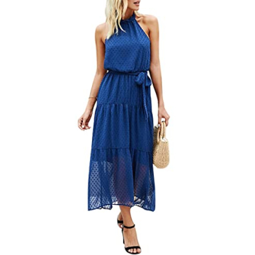 PRETTYGARDEN Women’s Casual Halter Neck Sleeveless Floral Long Maxi Dress Backless Loose Ruffle Su...