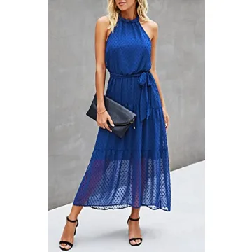 PRETTYGARDEN Women’s Casual Halter Neck Sleeveless Floral Long Maxi Dress Backless Loose Ruffle Sundress with Belt (Solid Blue,Large)