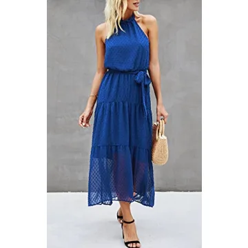 PRETTYGARDEN Women’s Casual Halter Neck Sleeveless Floral Long Maxi Dress Backless Loose Ruffle Sundress with Belt (Solid Blue,Large)