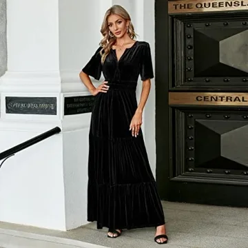 Amegoya Velvet V-Neck Maxi Dress for Weddings & Parties