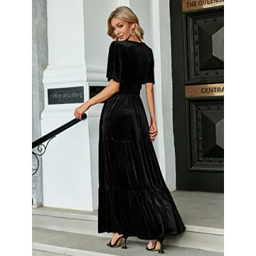 Amegoya Velvet V-Neck Maxi Dress for Weddings & Parties