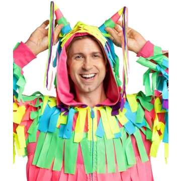 Tipsy Elves Halloween Costumes for Men - Bright Multicolored Pinata Jumpsuit Funny Halloween Costume Adult Onesie - Full Zip Mens Hooded Jumpsuit With Pockets Colorful Attached Streamers Size Large