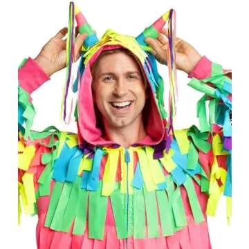 Tipsy Elves Halloween Costumes for Men - Bright Multicolored Pinata Jumpsuit Funny Halloween Costume Adult Onesie - Full Zip Mens Hooded Jumpsuit With Pockets Colorful Attached Streamers Size Large