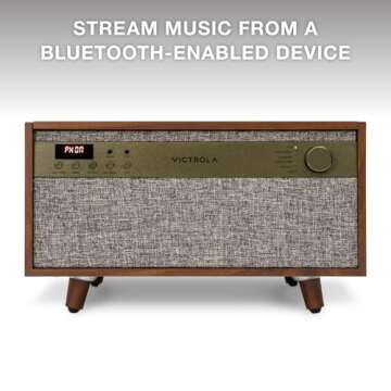 Victrola Century 6-in-1 Vinyl Record Player & Music Center - 3-Speed Turntable, CD & Cassette Player, VINYLSTREAM, Bluetooth & 3.5mm Aux, Record Player with Speakers, Mid Century Design, Walnut