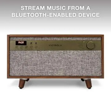 Victrola Century 6-in-1 Vinyl Record Player & Music Center - 3-Speed Turntable, CD & Cassette Player, VINYLSTREAM, Bluetooth & 3.5mm Aux, Record Player with Speakers, Mid Century Design, Walnut