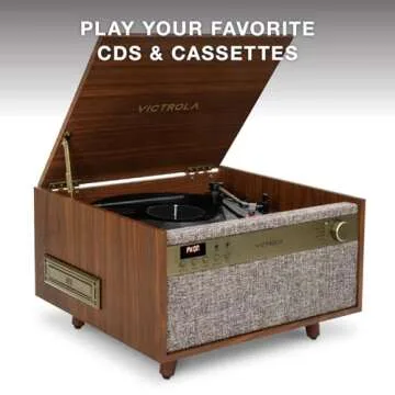 Victrola Century 6-in-1 Vinyl Record Player & Music Center - 3-Speed Turntable, CD & Cassette Player, VINYLSTREAM, Bluetooth & 3.5mm Aux, Record Player with Speakers, Mid Century Design, Walnut