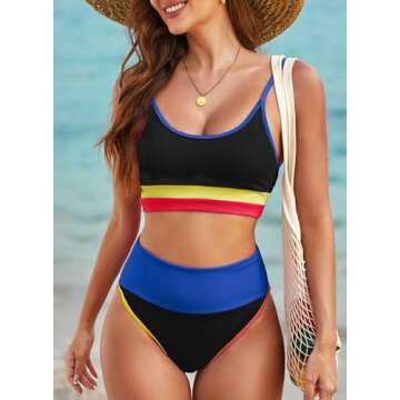 Herseas Women's Ribbed Bikini Sets 2 Piece Color Block 2025 Swimsuit High Waisted U Neck Adjustable ...