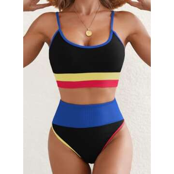 Herseas Women's Ribbed Bikini Sets 2 Piece Color Block 2025 Swimsuit High Waisted U Neck Adjustable Spaghetti Straps Bathing Suit Black Blue Colorblock Large 12 14