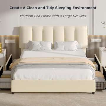 VECELO Full Size Bed Frame with 4 Storage Drawers, Adjustable Height Headboard, Heavy-Duty Platform Bedframe with Strong Wooden Slats, No Box Spring Needed, Pale Beige