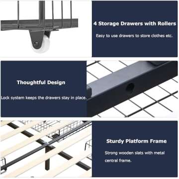 VECELO Full Size Bed Frame with 4 Storage Drawers, Adjustable Height Headboard, Heavy-Duty Platform Bedframe with Strong Wooden Slats, No Box Spring Needed, Pale Beige