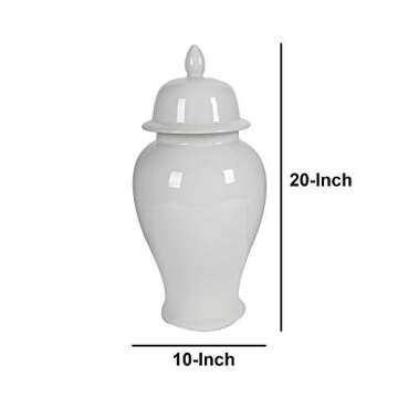 Benjara Decorative Porcelain Ginger Jar with Finial Lid, Large, White