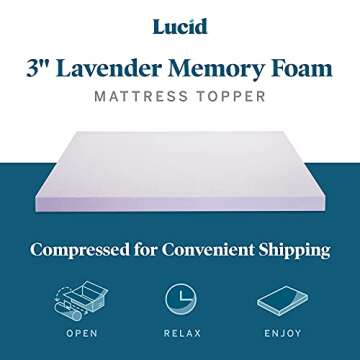 LUCID 3 Inch Lavender Infused Memory Foam Mattress Topper - Ventilated Design - Queen Size