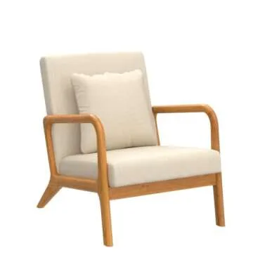 ELUCHANG Mid-Century Modern Accent Chair with Lumbar Pillow, Linen Fabric Comfy Lounge Side Upholstered Reading Armchair for Living Room Bedroom Apartment,Easy Assembly(Beige,2pcs)