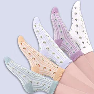 DXYAKY 5 Pairs Womens Floral Cotton Socks Vintage Patterned Crew Socks Novelty Ankle Ruffled Warm Ca...