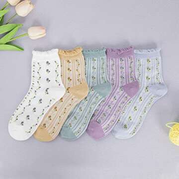 DXYAKY 5 Pairs Womens Floral Cotton Socks Vintage Patterned Crew Socks Novelty Ankle Ruffled Warm Casual Dress Socks