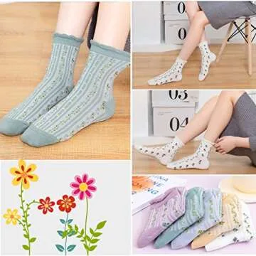 DXYAKY 5 Pairs Womens Floral Cotton Socks Vintage Patterned Crew Socks Novelty Ankle Ruffled Warm Casual Dress Socks