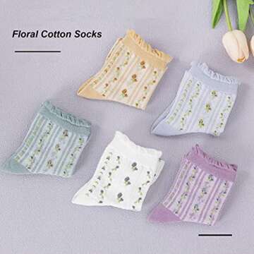 DXYAKY 5 Pairs Womens Floral Cotton Socks Vintage Patterned Crew Socks Novelty Ankle Ruffled Warm Casual Dress Socks