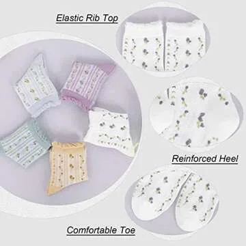 DXYAKY 5 Pairs Womens Floral Cotton Socks Vintage Patterned Crew Socks Novelty Ankle Ruffled Warm Casual Dress Socks