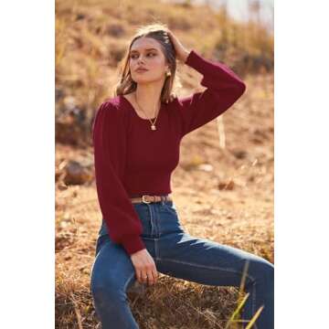 MASCOMODA Long Puff Sleeve Sweaters for Women 2024 Fall Winter Crewneck Knit Ribbed Bodysuit Pullover Tops(Wine Red,Large)