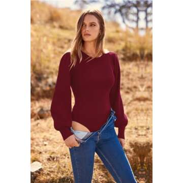 MASCOMODA Long Puff Sleeve Sweaters for Women 2024 Fall Winter Crewneck Knit Ribbed Bodysuit Pullover Tops(Wine Red,Large)