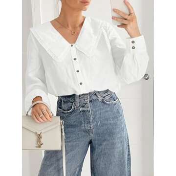 Cicy Bell Womens Button Down Shirts Long Sleeve Babydoll Blouse Fall Dressy Casual Work Office Tops White