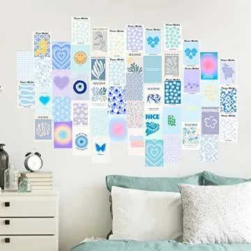 Blue Room Decor Aesthetic, 50pcs Danish Pastel Wall Collage Kit Aesthetic Pictures, Minimalist Decor Aesthetic Posters, Preppy Wall Decor for Teen Girls Bedroom Decor