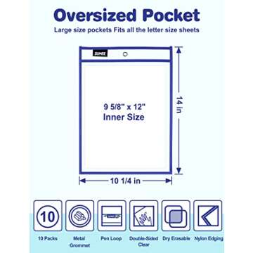 SUNEE 6 Packs Oversized Reusable Dry Erase Pocket Sleeves with Binder Ring, 6 Assorted Colors 10x14 ...