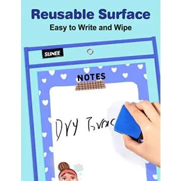 SUNEE 6 Packs Oversized Reusable Dry Erase Pocket Sleeves with Binder Ring, 6 Assorted Colors 10x14 Ticket Holders, Clear Plastic Sheet Protectors, Teacher School Classroom Supplies