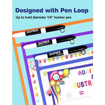 SUNEE 6 Packs Oversized Reusable Dry Erase Pocket Sleeves with Binder Ring, 6 Assorted Colors 10x14 Ticket Holders, Clear Plastic Sheet Protectors, Teacher School Classroom Supplies