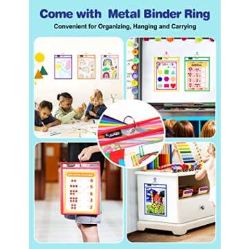 SUNEE 6 Packs Oversized Reusable Dry Erase Pocket Sleeves with Binder Ring, 6 Assorted Colors 10x14 Ticket Holders, Clear Plastic Sheet Protectors, Teacher School Classroom Supplies