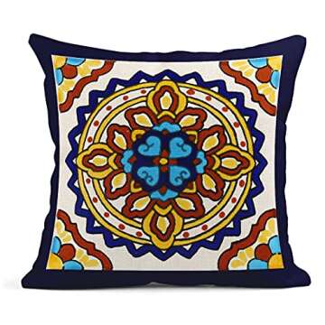 Semtomn Set of 4 Linen Throw Pillow Covers Spanish Talavera Exotic Geometry Dark Retro Ethnic Home Decorative 18"x18" Flax Pillow Cases Cushion Square Pillowcases