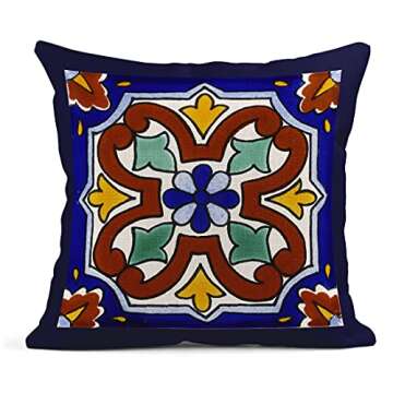 Semtomn Set of 4 Linen Throw Pillow Covers Spanish Talavera Exotic Geometry Dark Retro Ethnic Home Decorative 18"x18" Flax Pillow Cases Cushion Square Pillowcases